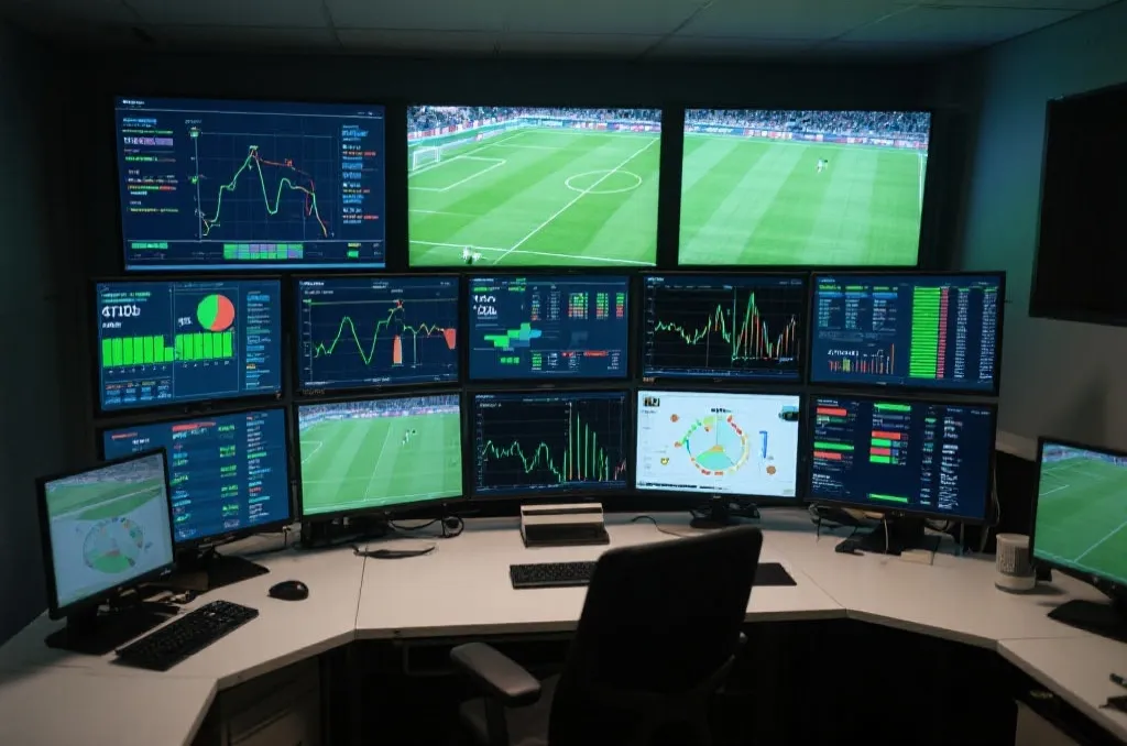A professional analyst desk with multiple data screens displaying live football match charts and statistics