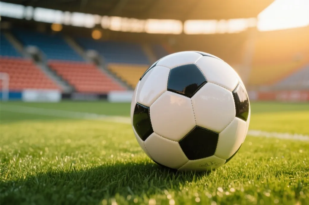 Close up of a modern soccer ball on a lush green grass field, blurred stadium seats in the background under bright golden hour sunlight, realistic sports scene