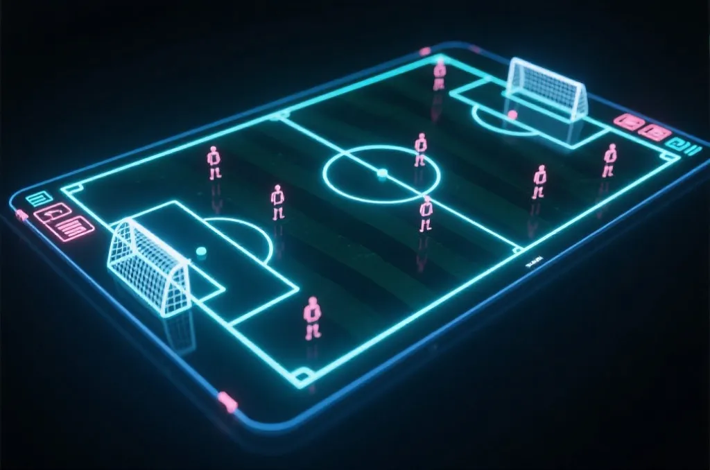 A glowing digital tactical board of a soccer field with neon strategic lines and player positions, futuristic dark background