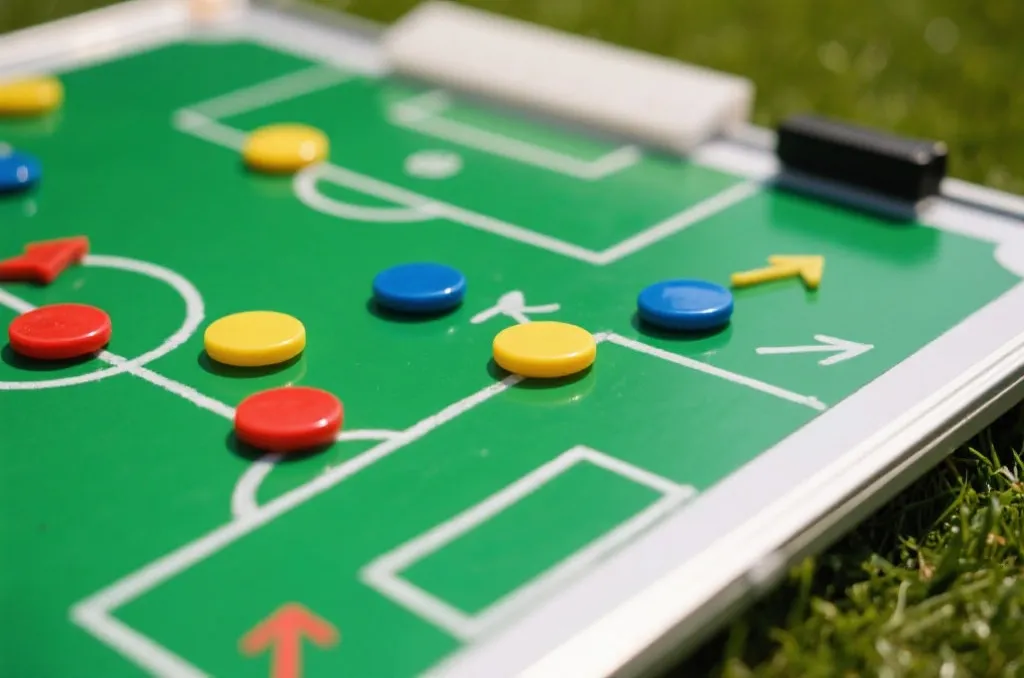 A close-up of a soccer tactical board with colorful magnets and hand-drawn arrows