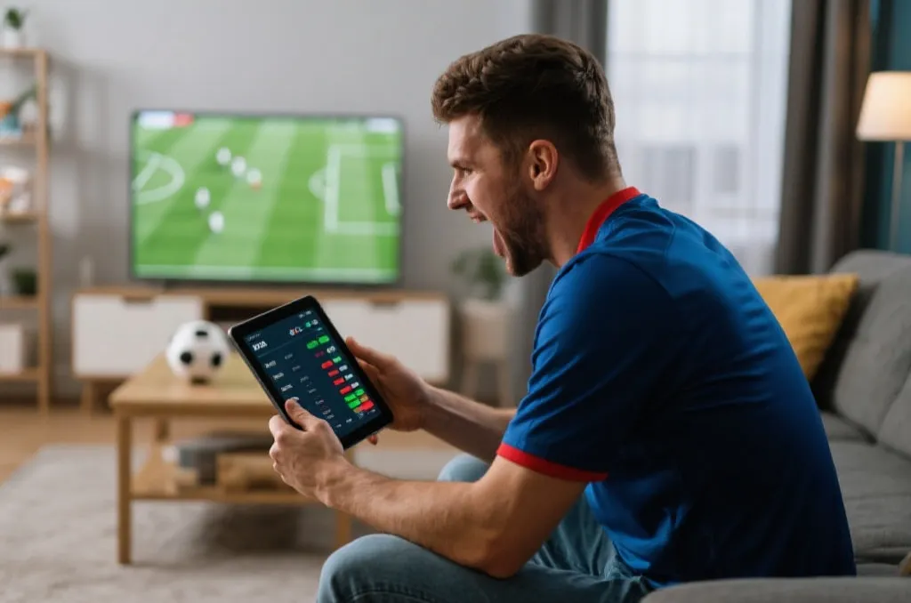 A passionate football fan analyzing live match data on a tablet device in a modern living room