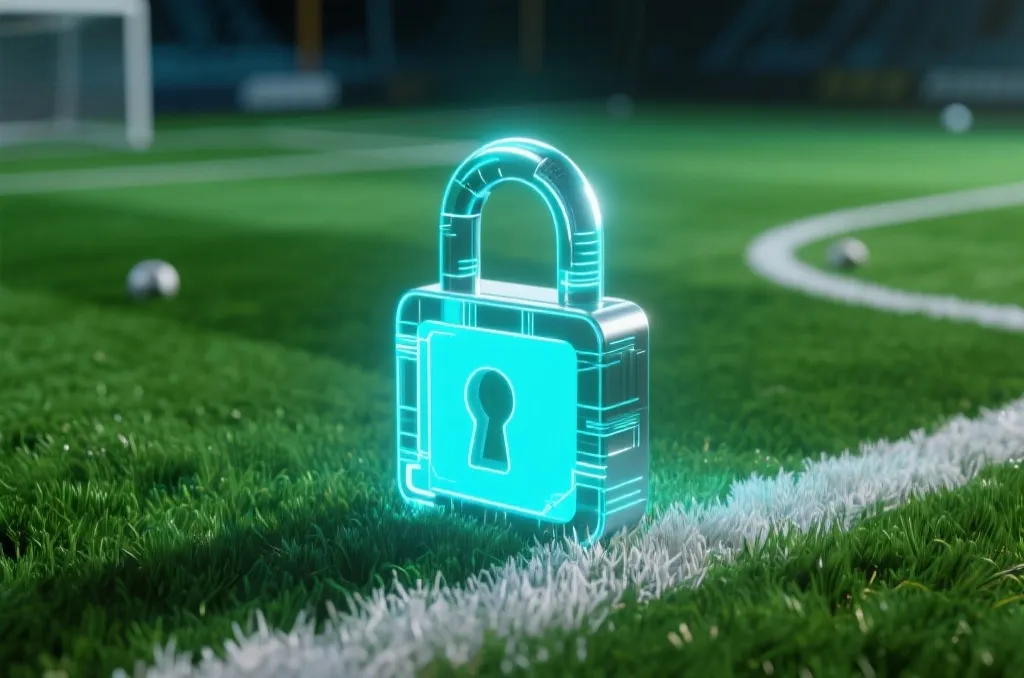 A glowing digital lock graphic integrated on a vibrant green grass background representing online safety