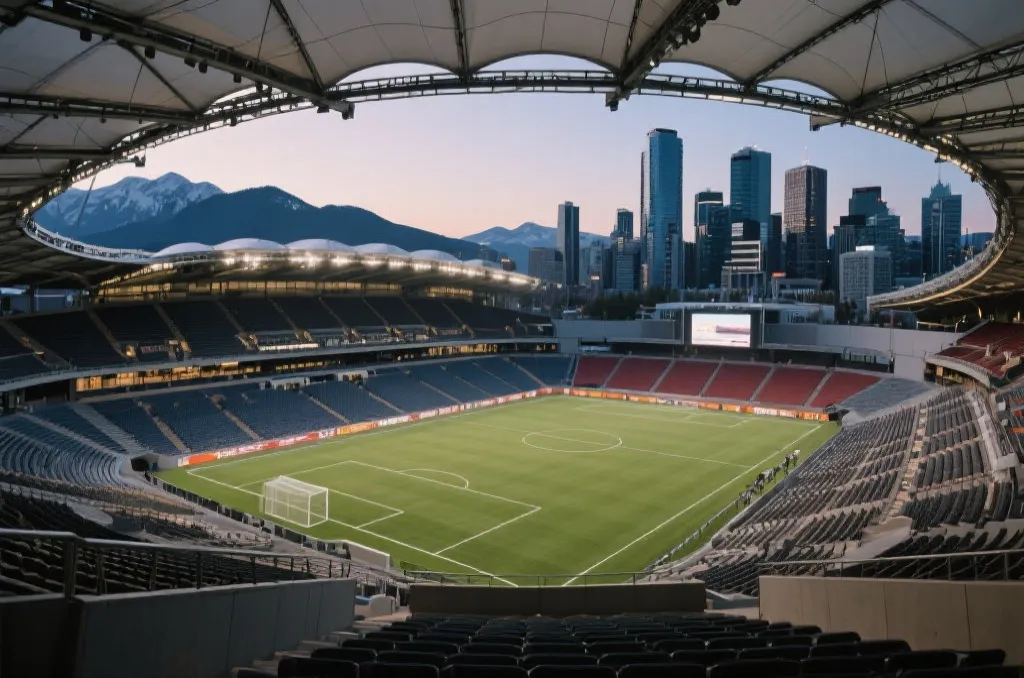 Scenic view of a soccer stadium in Canada surrounded by modern city skyline