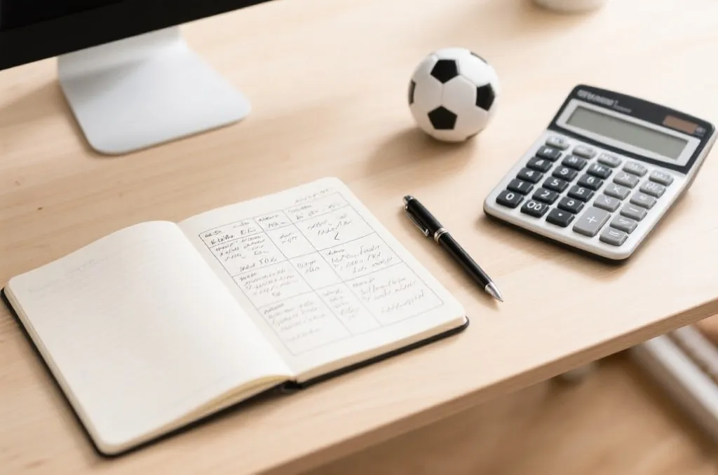 A clean wooden desk with a notebook showing financial planning tables, a pen, and a classic calculator